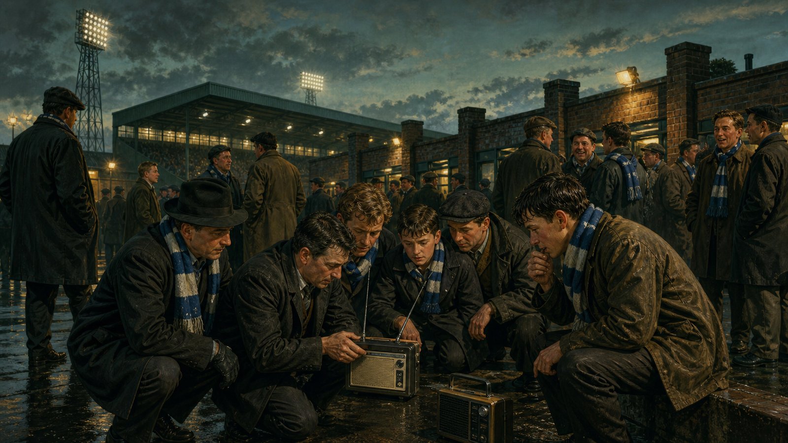 Supporters outside an early-1960s English stadium waiting for championship news on radios