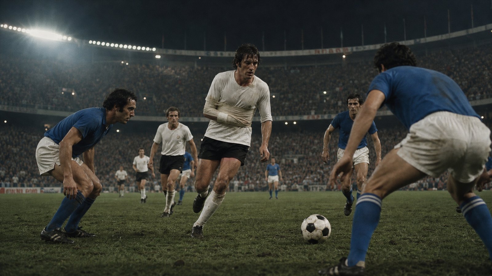 Injured West German player continuing with his right arm strapped across his torso during extra time