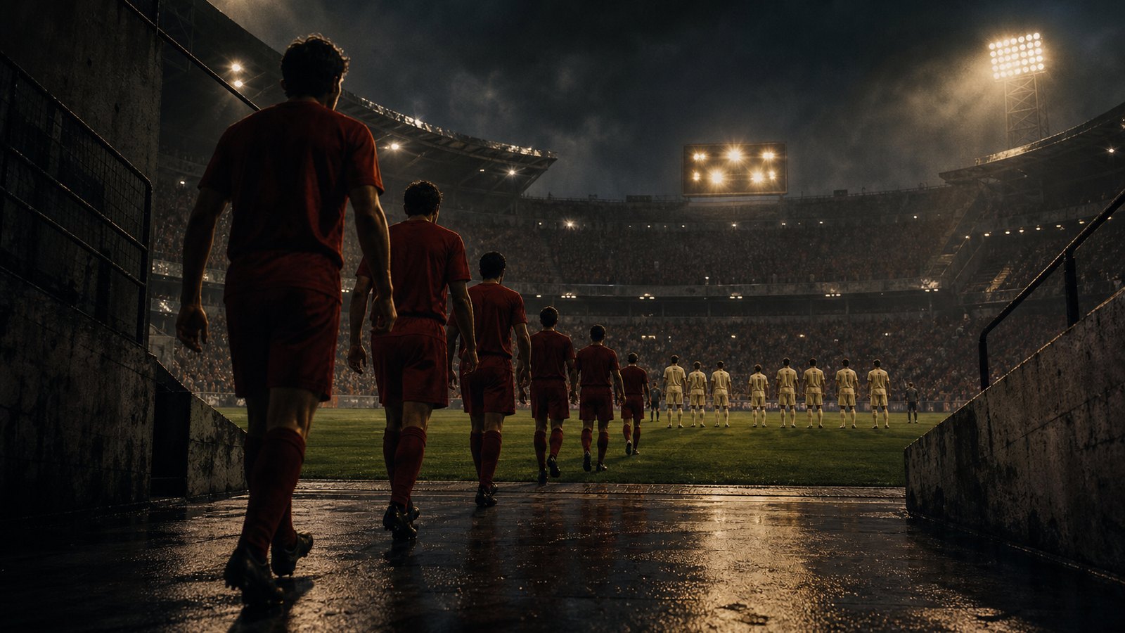 A fictional red-clad promoted football team emerging from a concrete stadium tunnel into a vast Munich arena