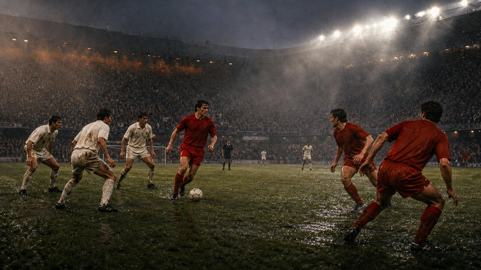 A fictional 1990s football sweeper in plain red kit carrying the ball from defence into a crowded midfield