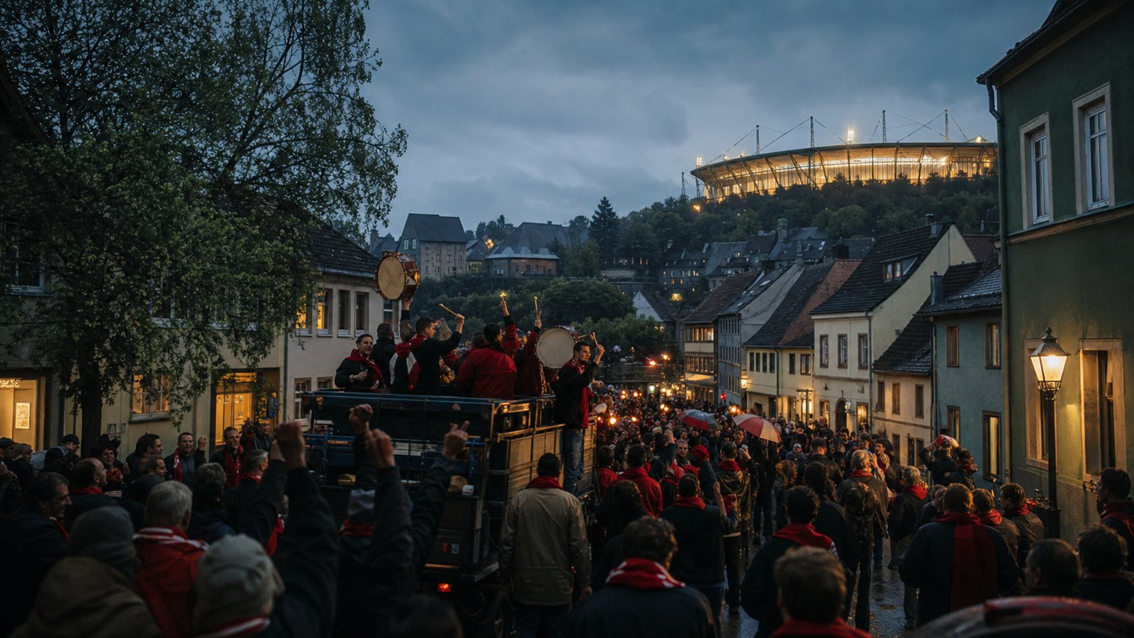 A fictional German football town in red celebrating around an open vehicle beneath a hilltop stadium at dusk