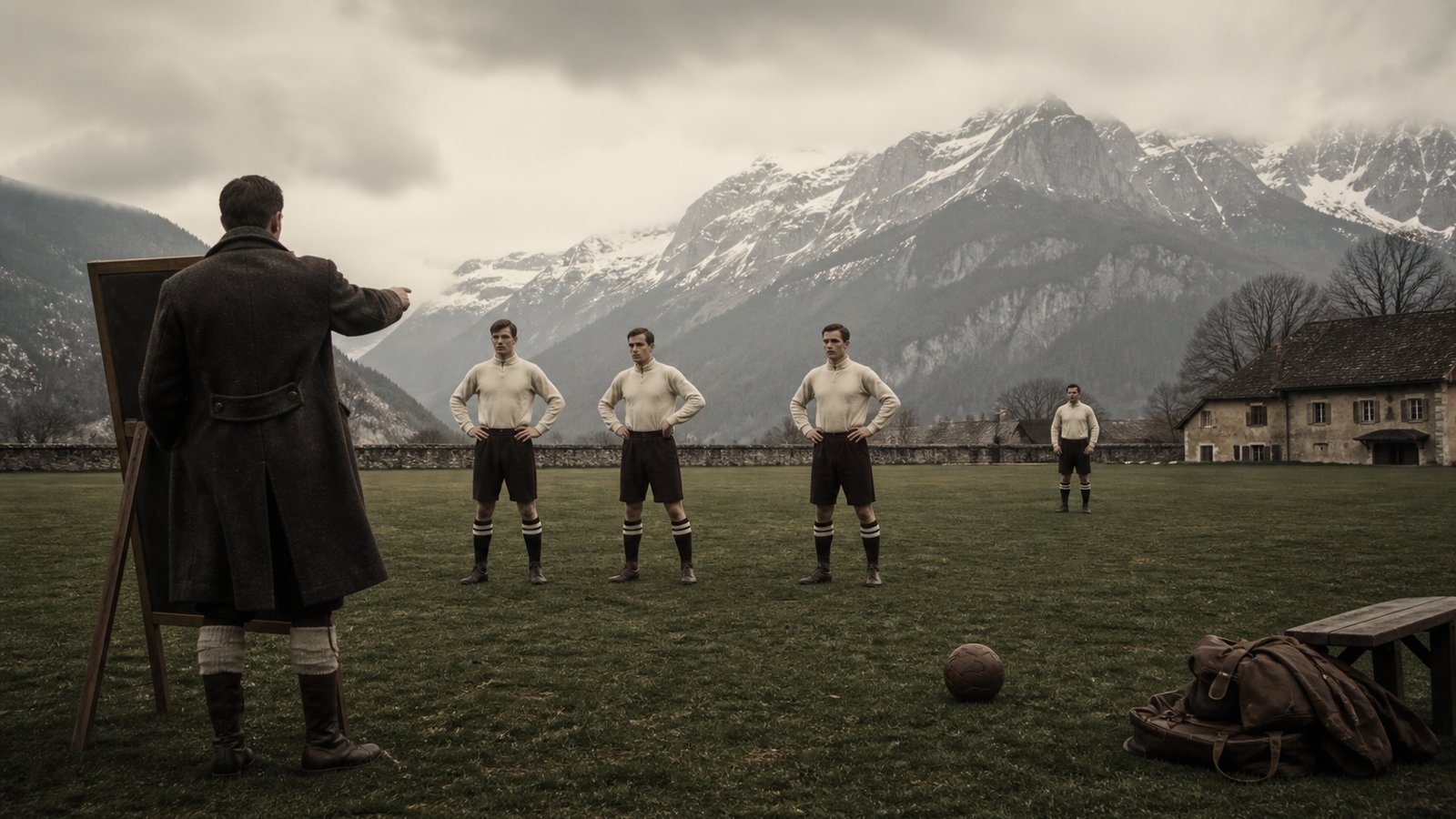 A 1930s Swiss tactical training session showing three markers with a spare covering defender