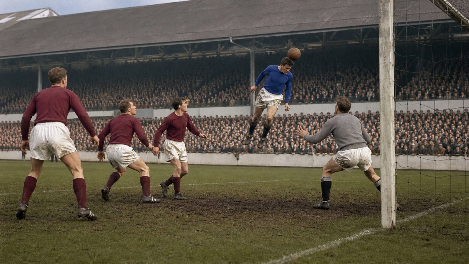 A blue-shirted visiting forward heads at the far post in a packed Scottish stadium in 1965