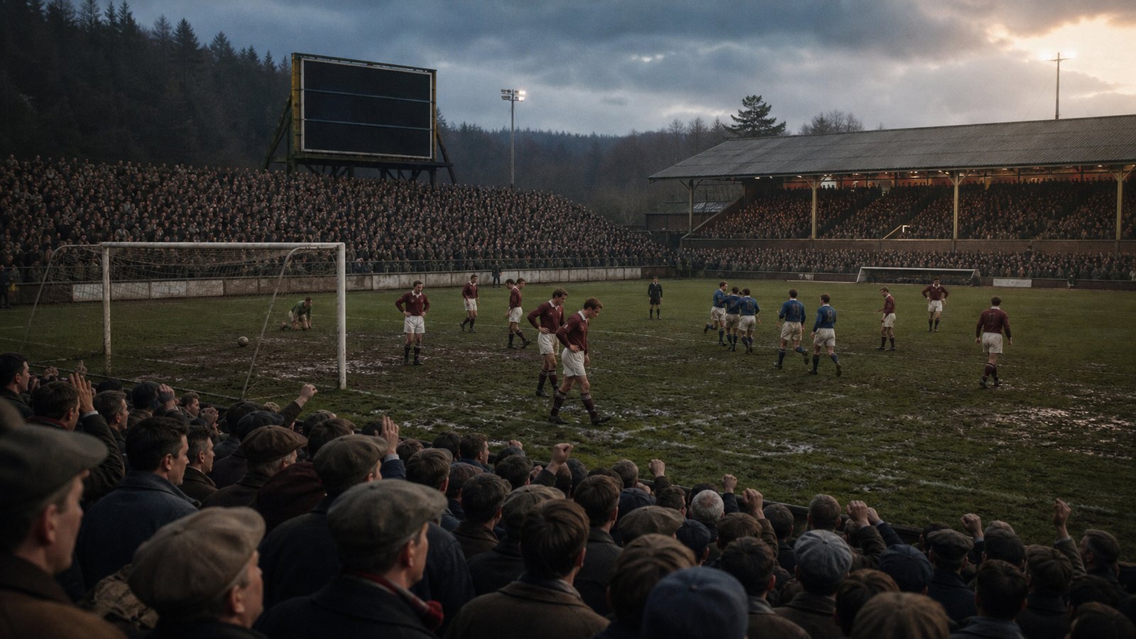 A packed 1965 Scottish stadium as blue-shirted visitors attack a maroon-clad home defence