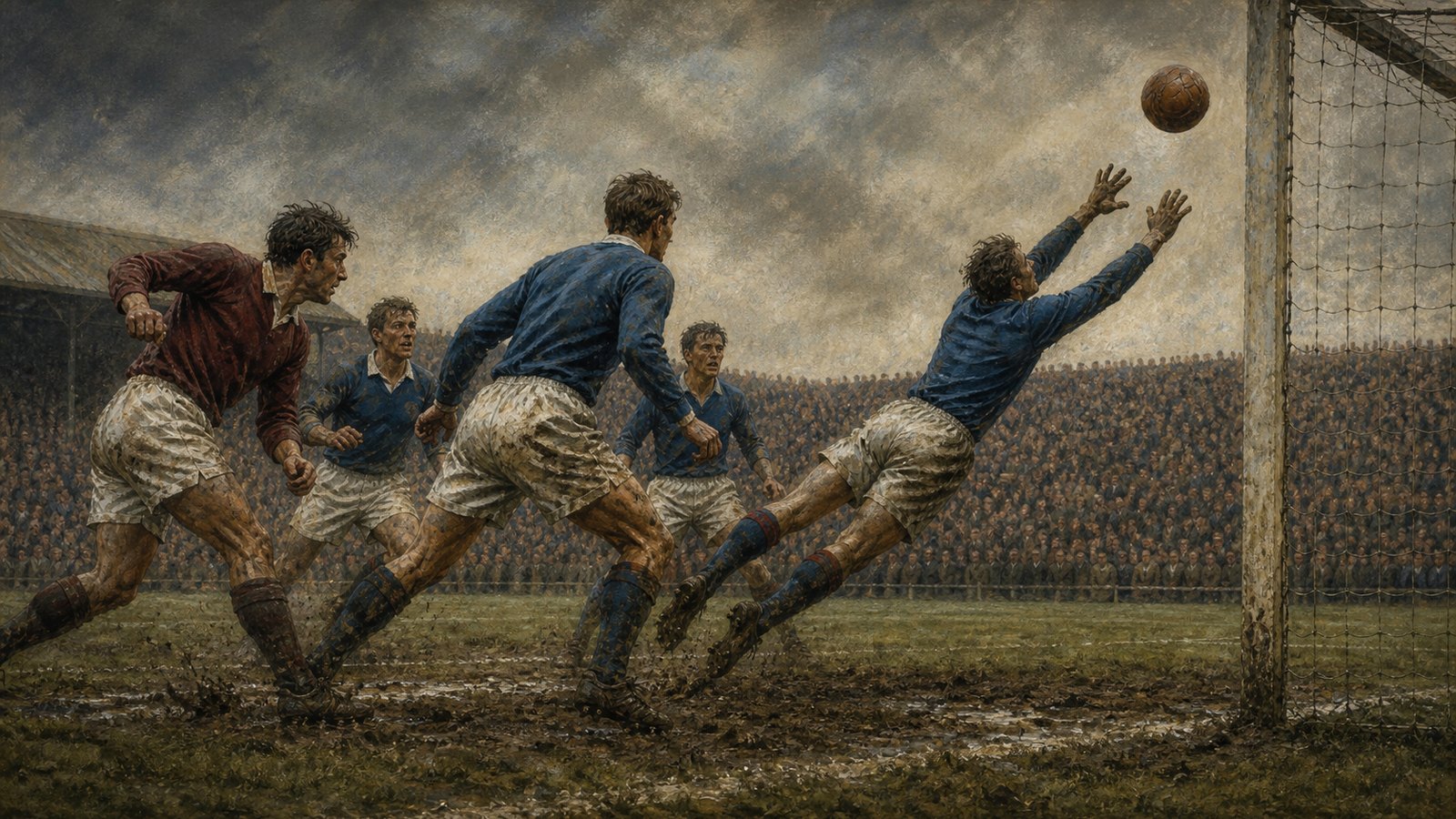 A goalkeeper in a plain blue period kit guarding a crowded goalmouth during a 1965 match