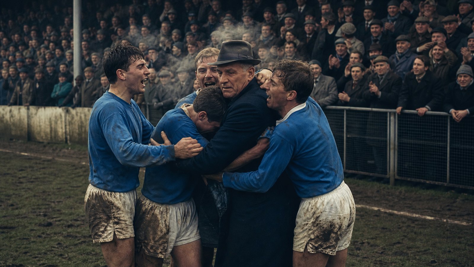 Blue-shirted players and traveling supporters celebrating on a 1965 Scottish football pitch