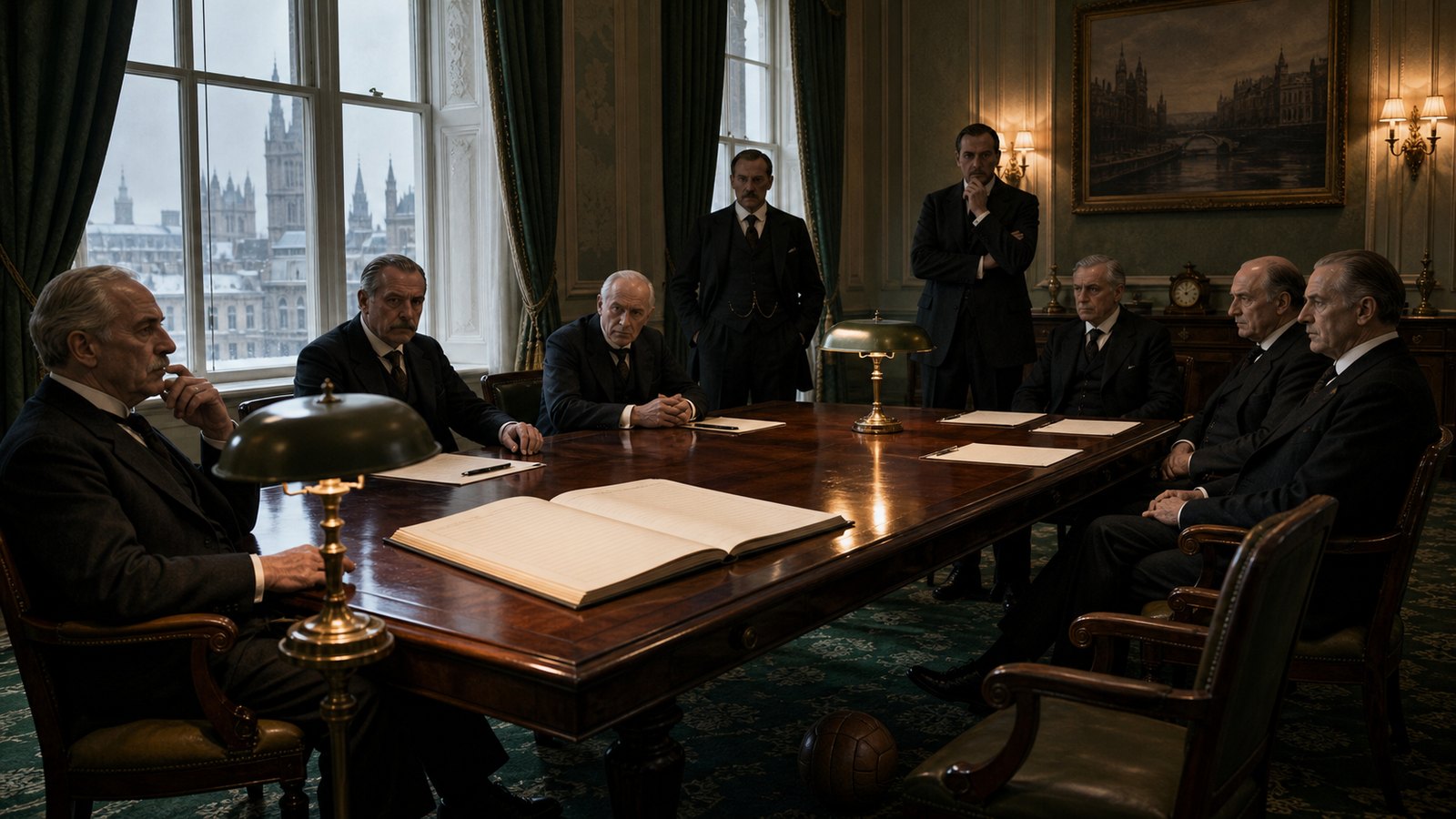 Football officials examining incomplete account ledgers in a 1919 hotel room