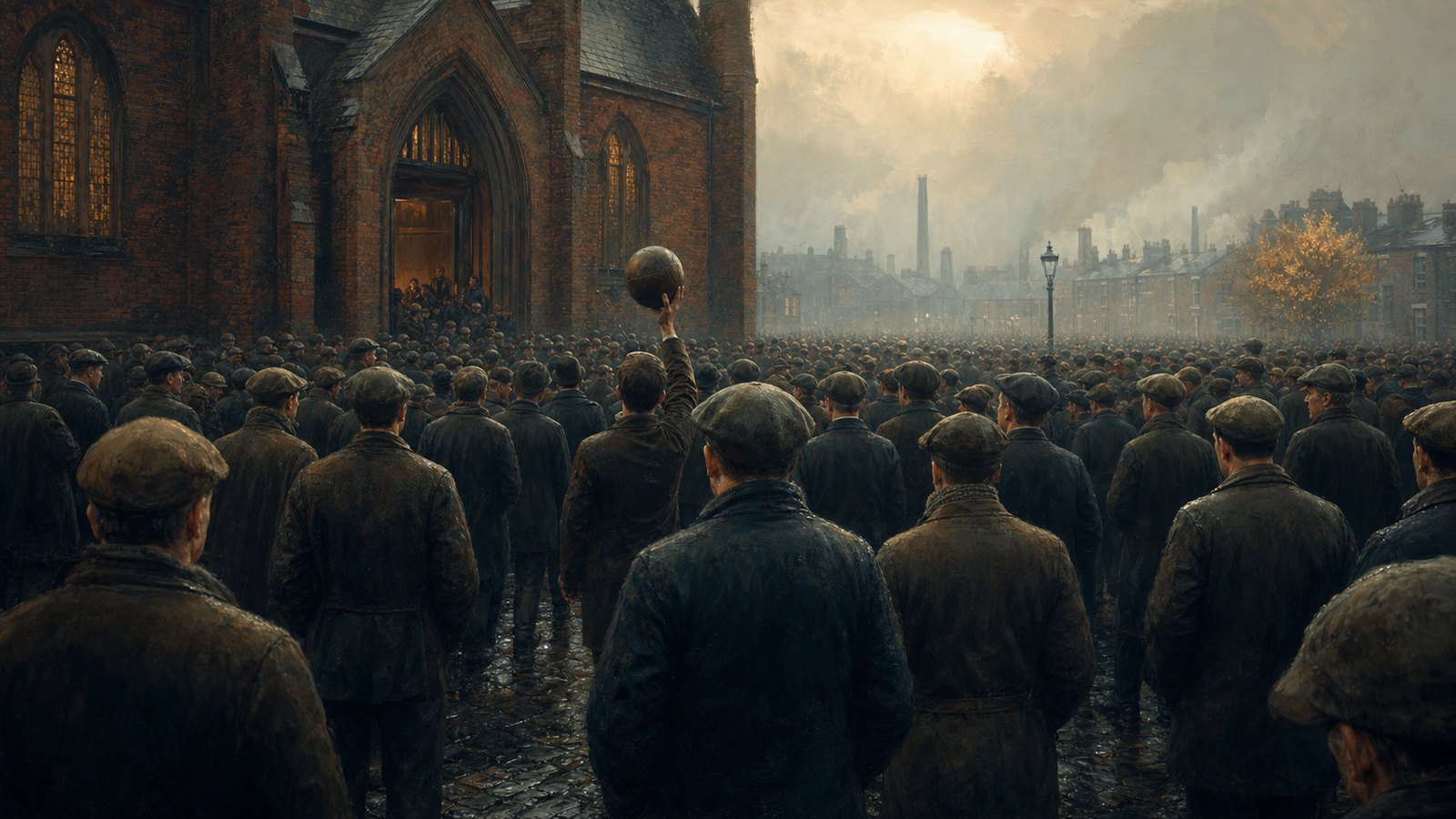 Leeds football supporters gathering outside Salem Chapel in autumn 1919