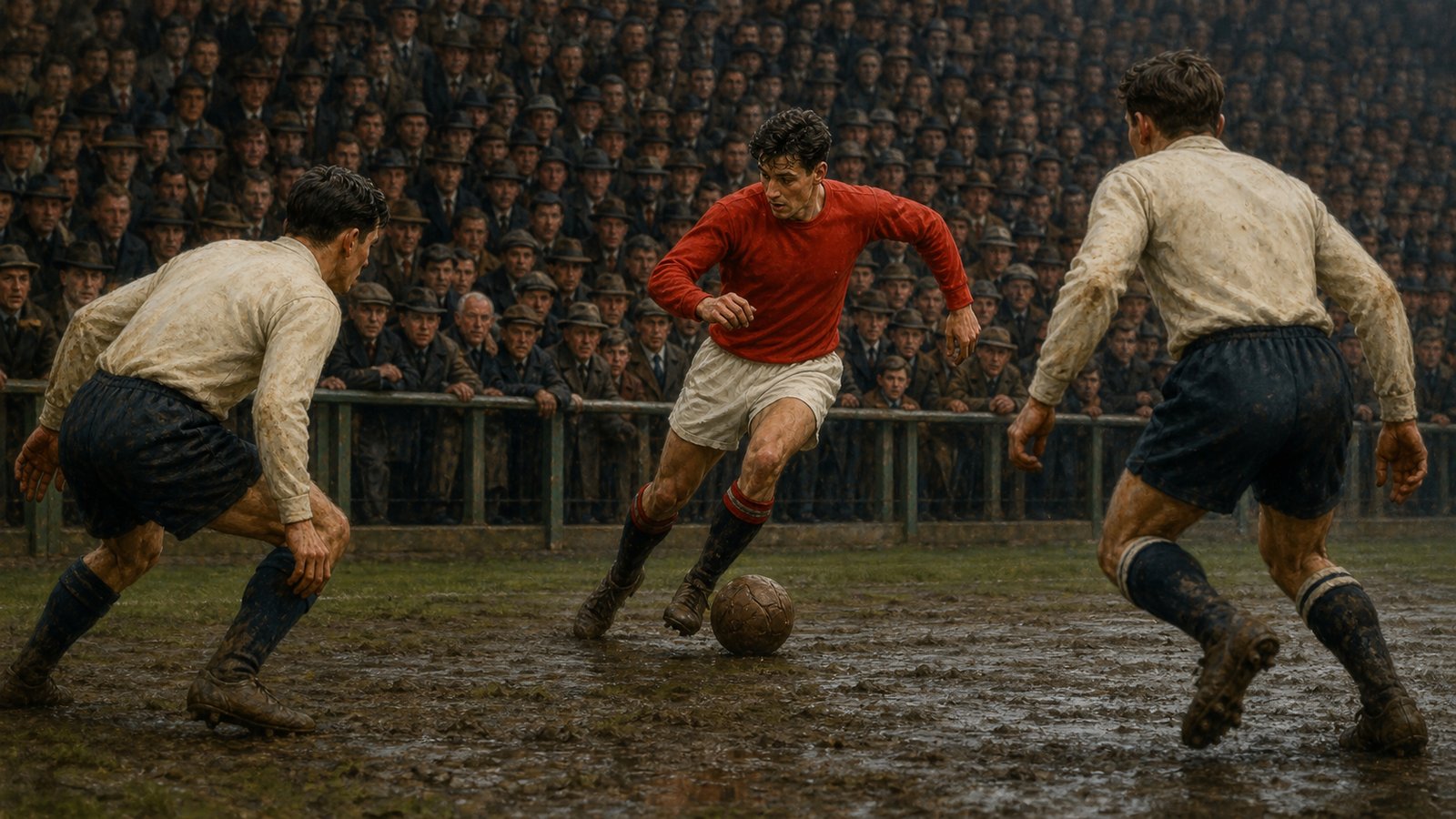 A gifted fictional inside-forward pauses over the ball before a packed post-war English terrace