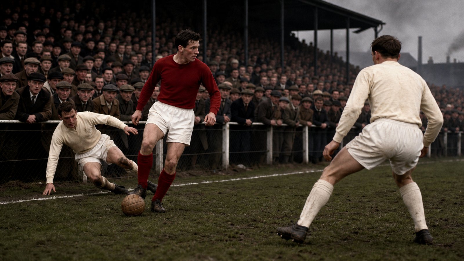 A gifted inside-forward pauses over the ball before a packed post-war English terrace