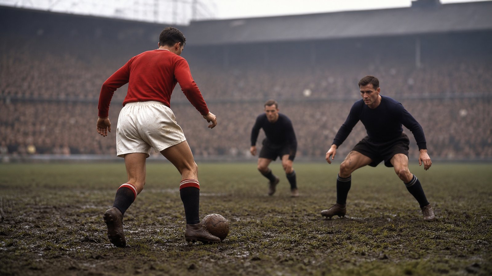 A plain red-shirted footballer faces two defenders on a muddy post-war English pitch