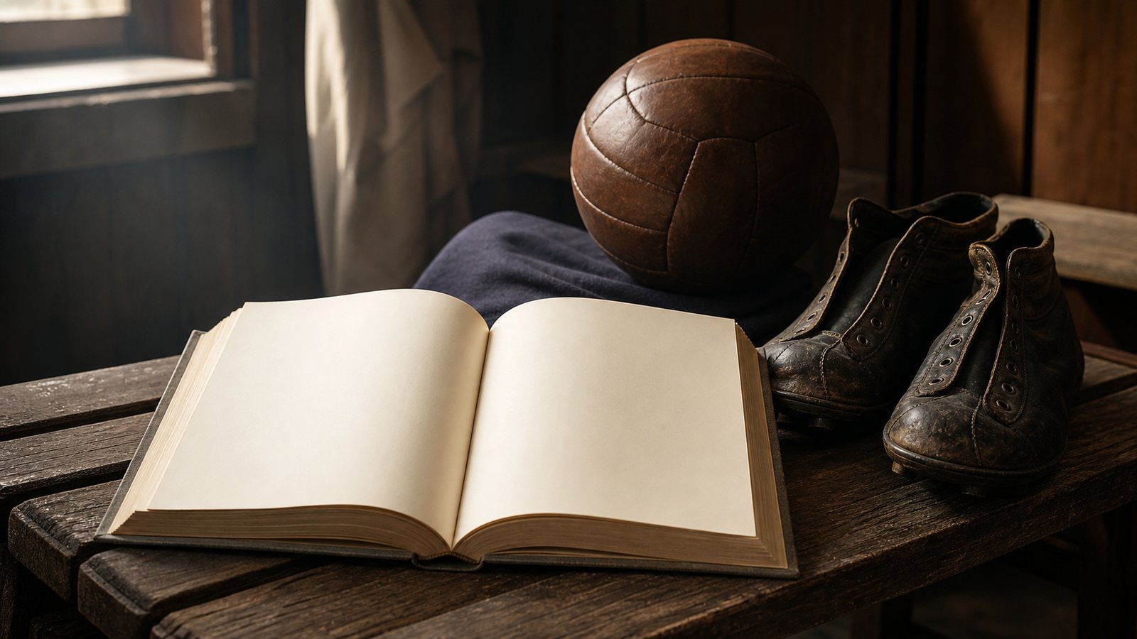 An open mid-century football autobiography lies with two deliberately blank pages