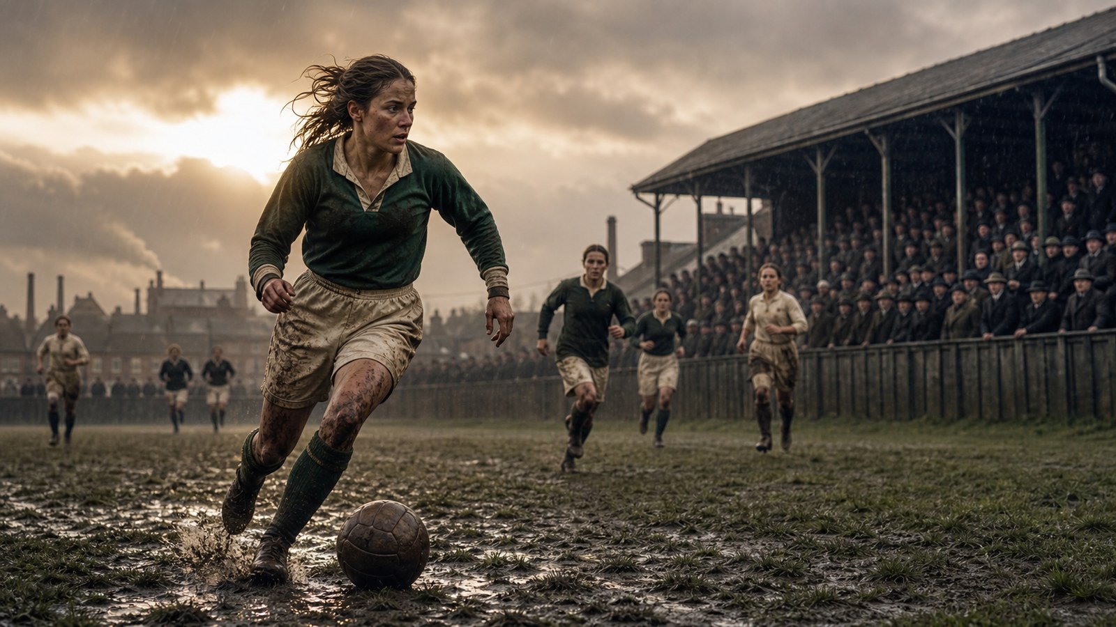 A fictional composite women’s footballer inspired by Lily Parr drives a leather ball on a muddy 1920s factory ground