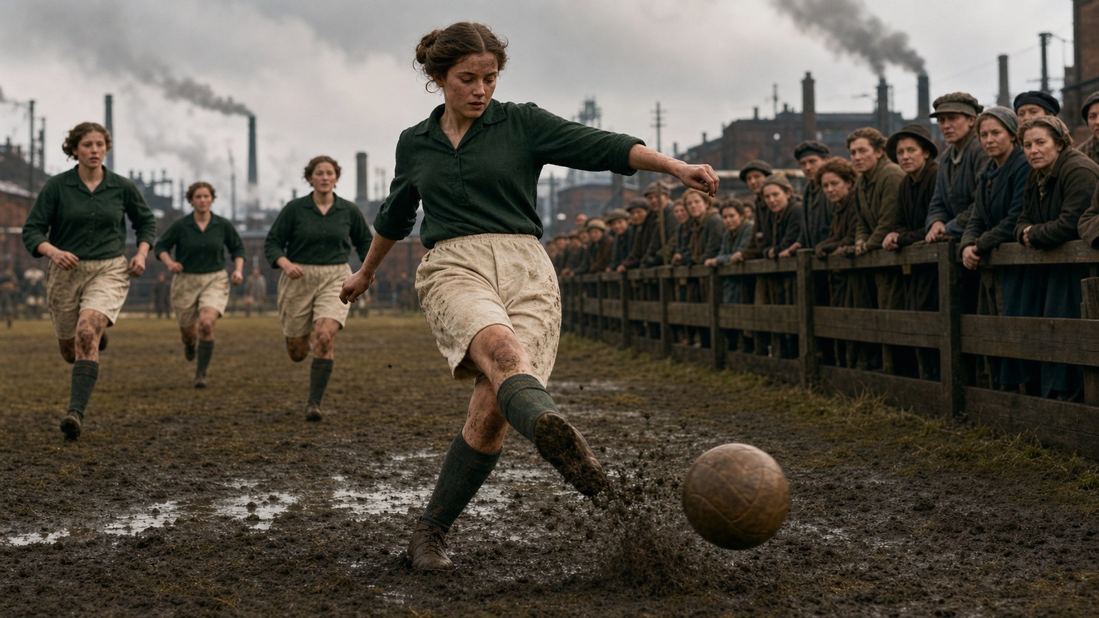 A teenage left winger in a plain dark 1919 factory football kit strikes a heavy leather ball on a muddy northern English pitch