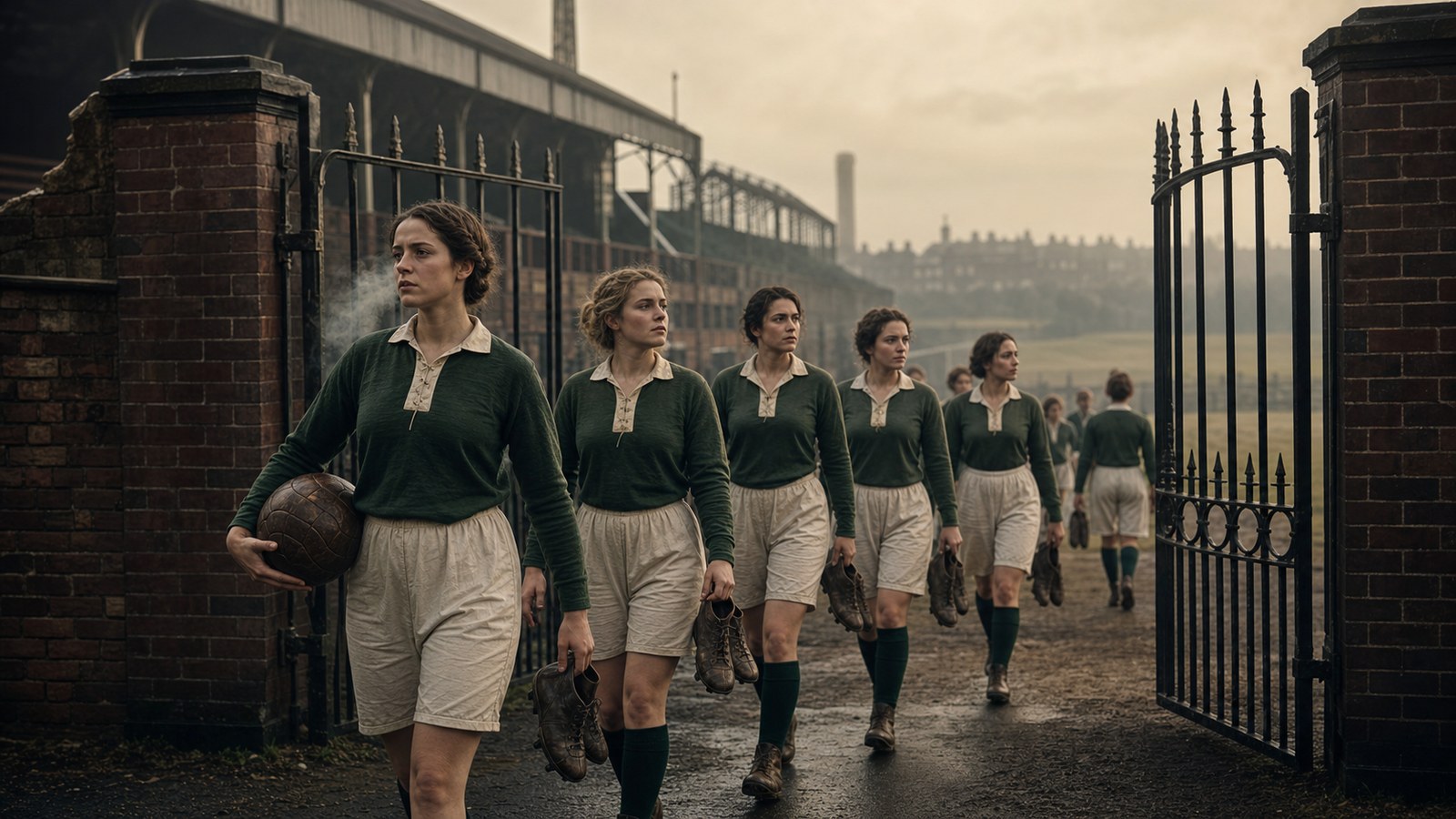 Women footballers in plain 1920s kits walk toward a modest recreational ground after being barred from major stadiums