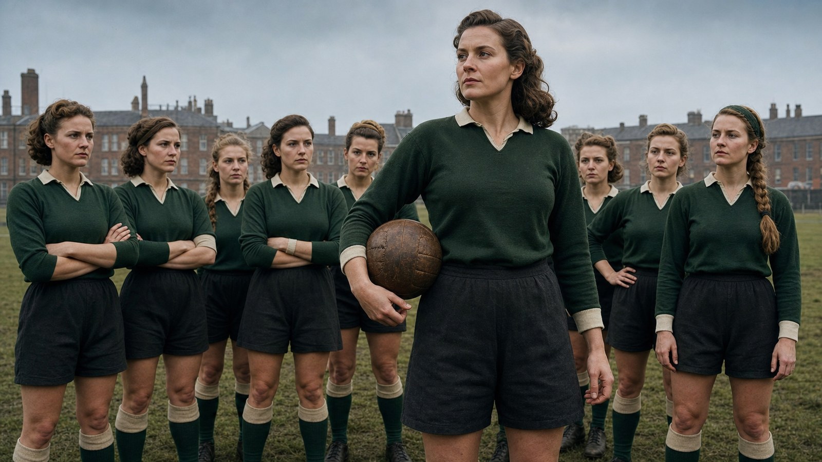 A veteran women’s football captain in a plain 1940s kit holds an old leather ball beside teammates before a match