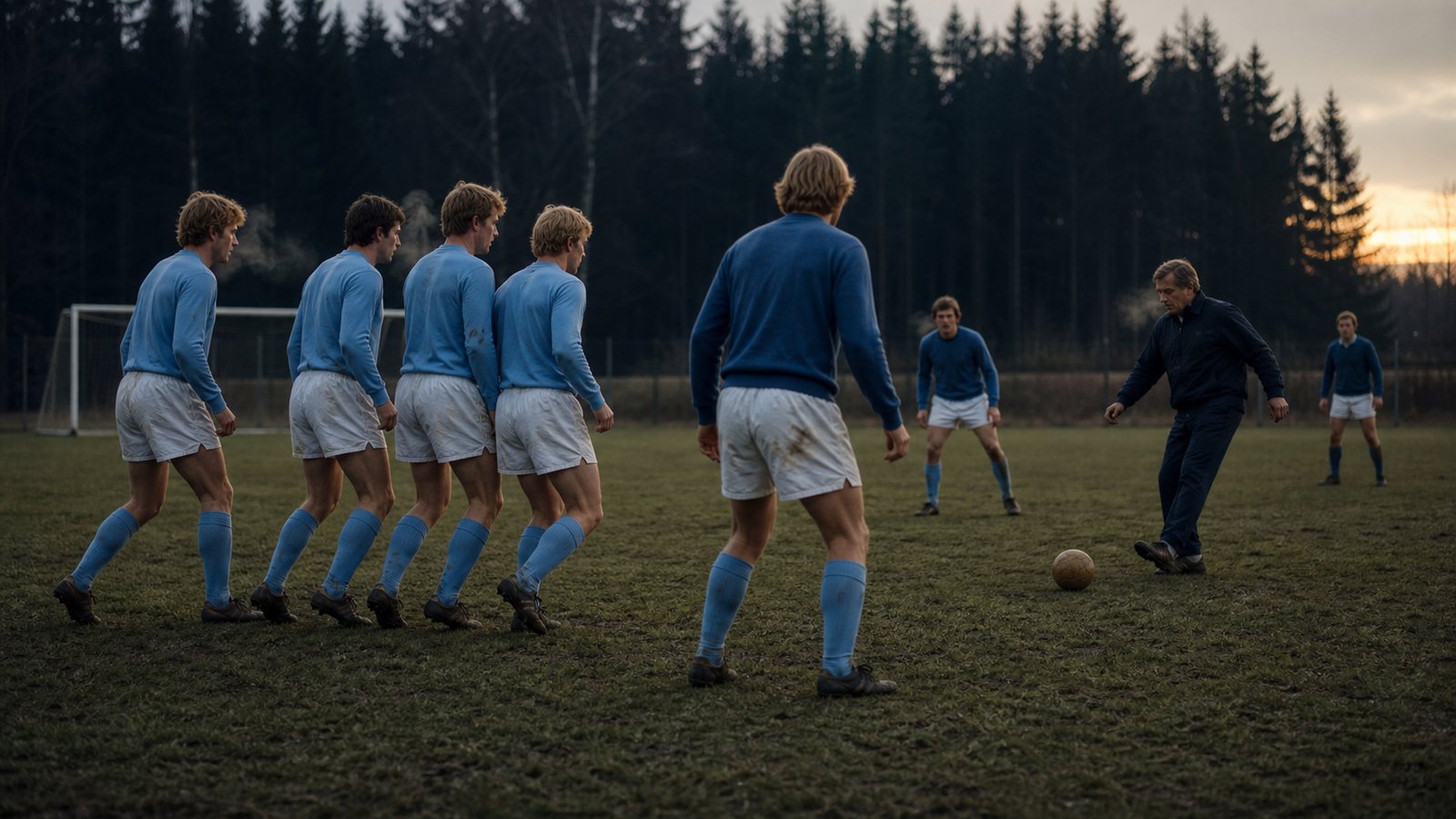 Malmö players rehearse a compact defensive line on a cold Swedish training ground
