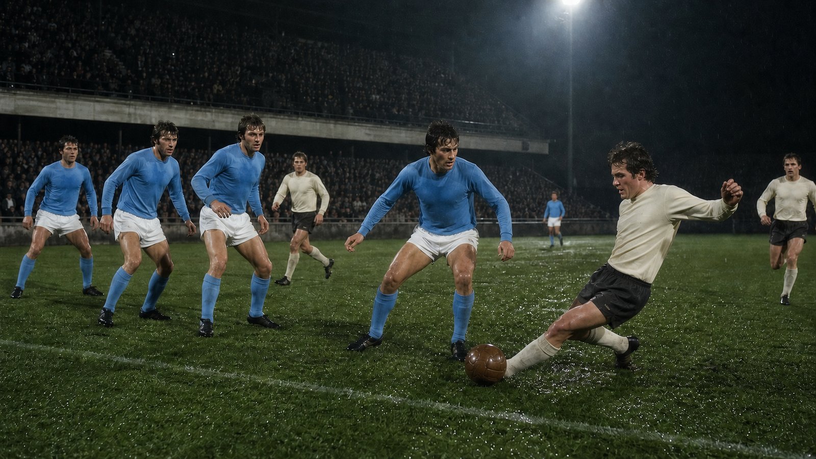 A compact Malmö side defends beneath floodlights during a late-1970s European night