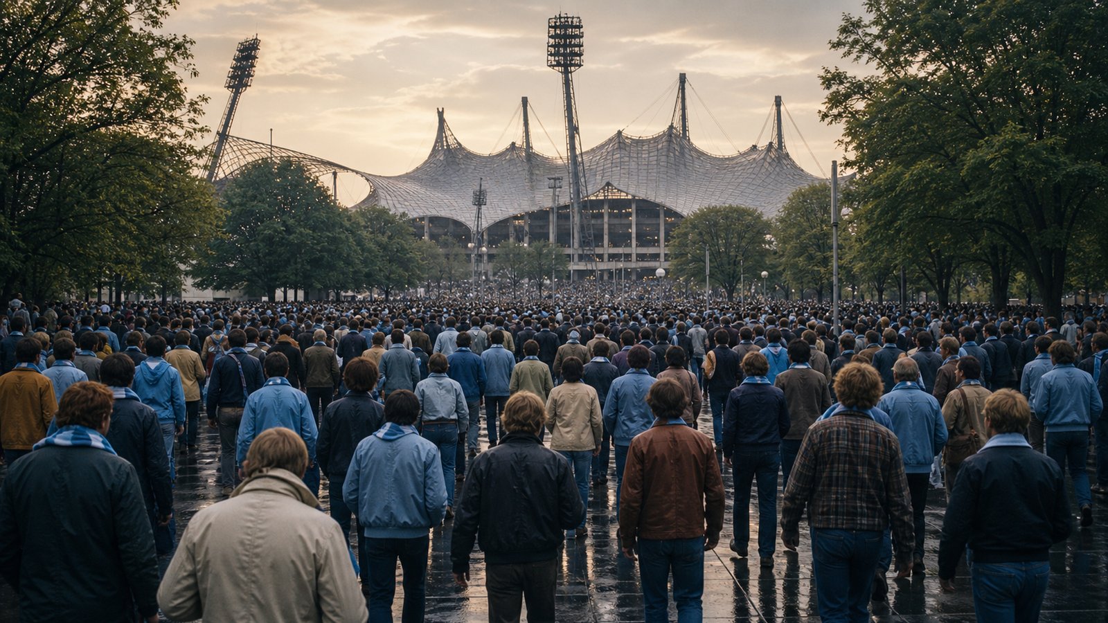 Sky-blue supporters gather beneath the sweeping roof of Munich’s Olympic Stadium in 1979