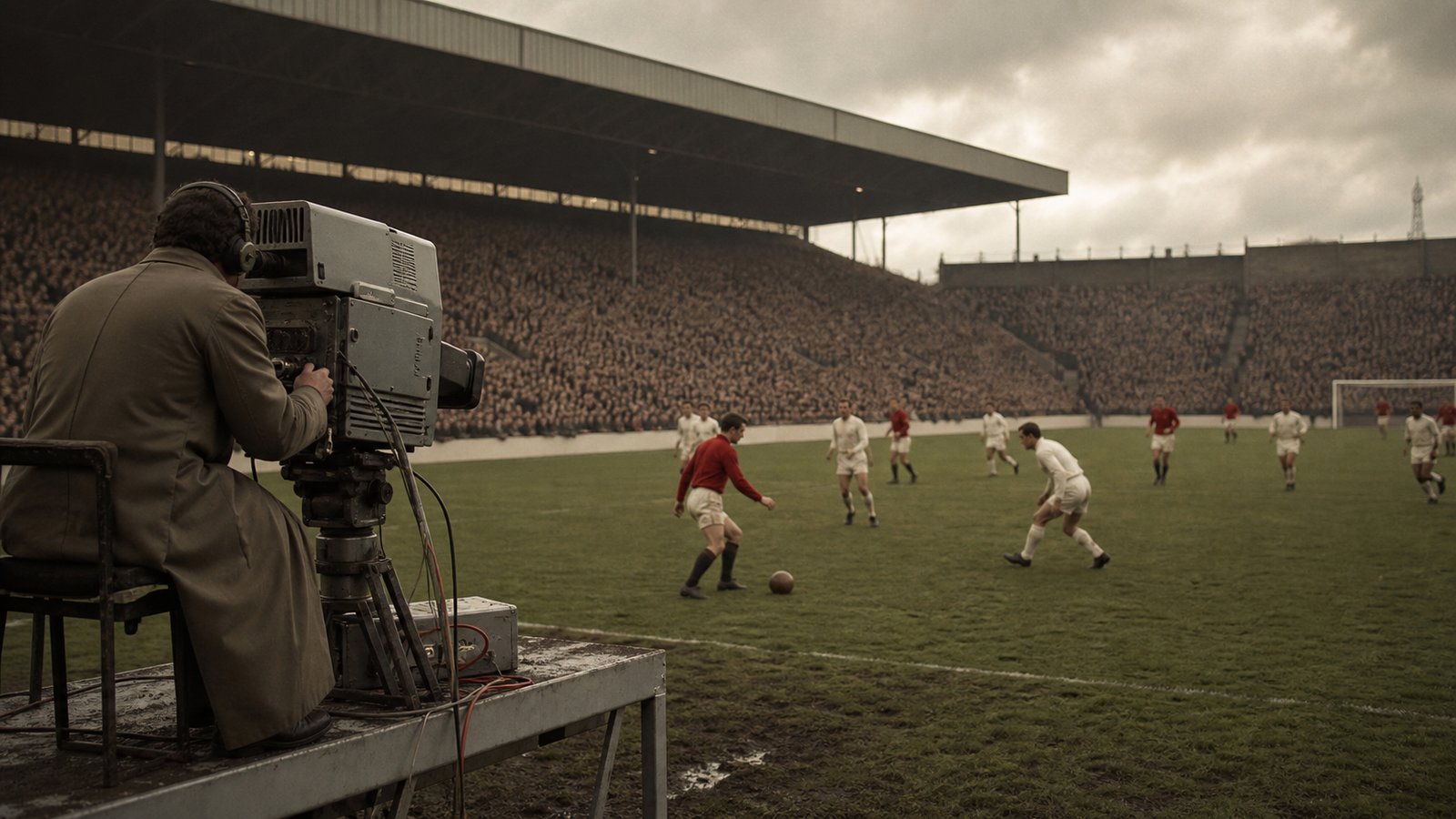 A generic 1964 television camera filming anonymous footballers at a packed English stadium