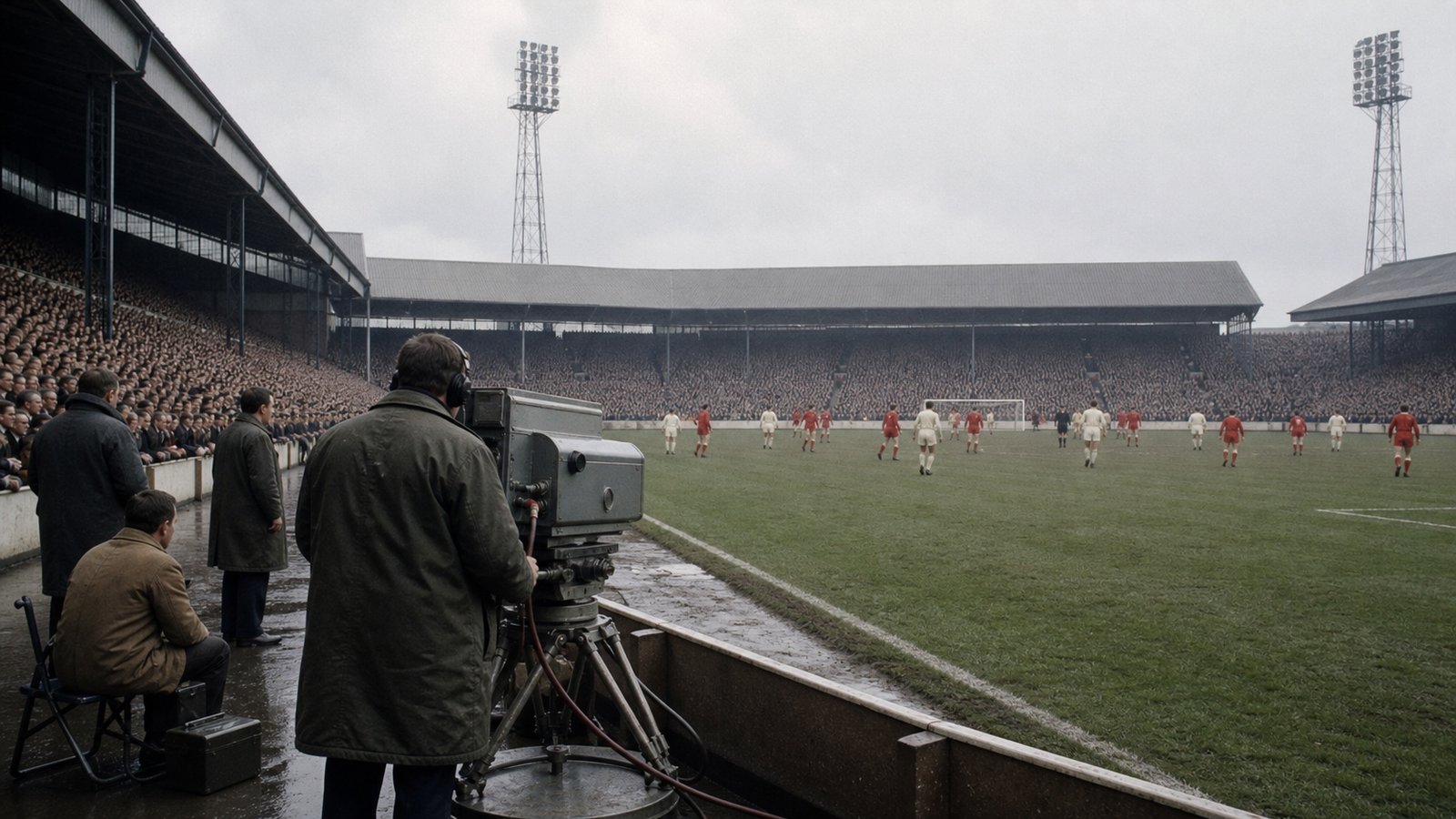 A generic 1964 English stadium as a television camera films anonymous red and cream footballers under an overcast sky