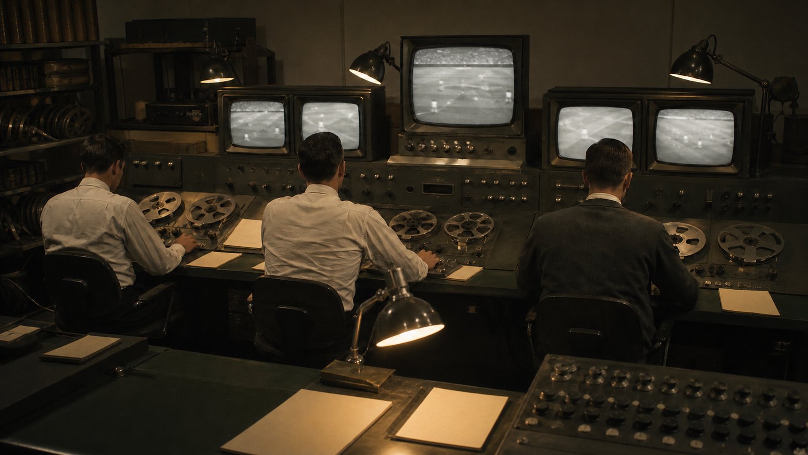 A period BBC-style videotape editing room assembling football highlights from reels and monochrome screens