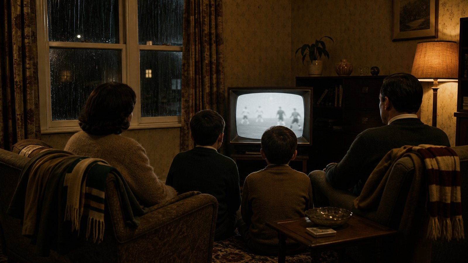A 1960s British family watching anonymous black-and-white football highlights in a modest living room