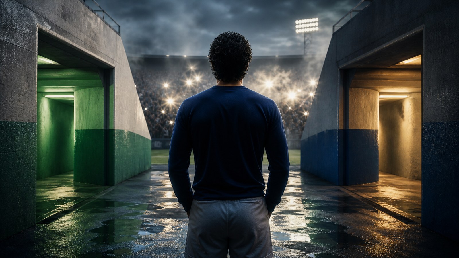 A fictional striker standing between divided stadium tunnels in Glasgow in 1989