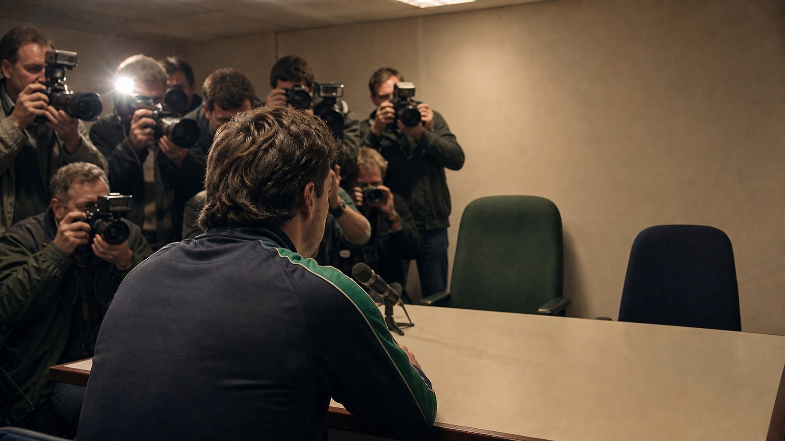 A fictional striker at a tense Glasgow football press conference in 1989 with two blank scarves on separate chairs