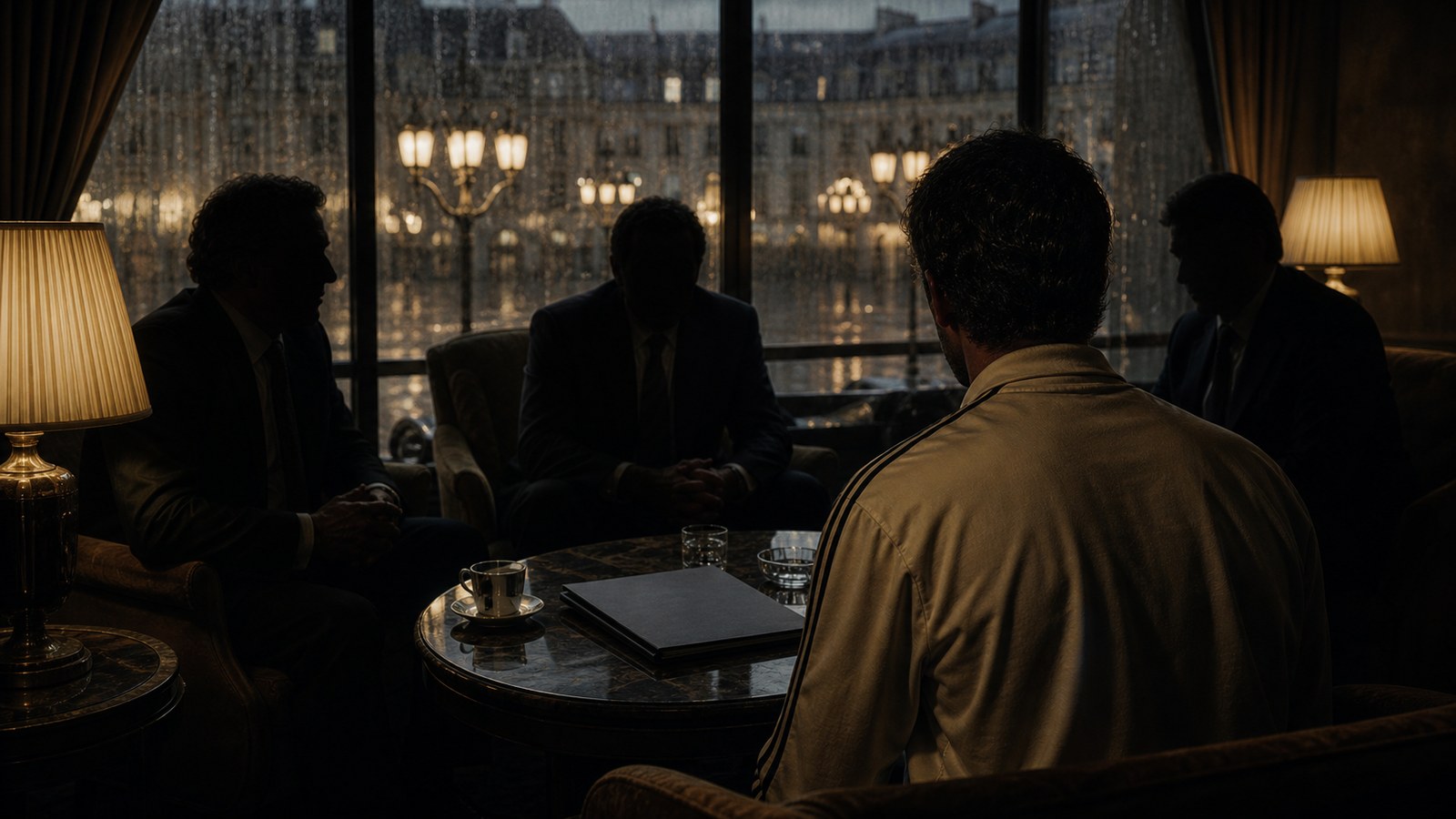 Two football executives conducting a discreet transfer meeting in a quiet Paris hotel in 1989