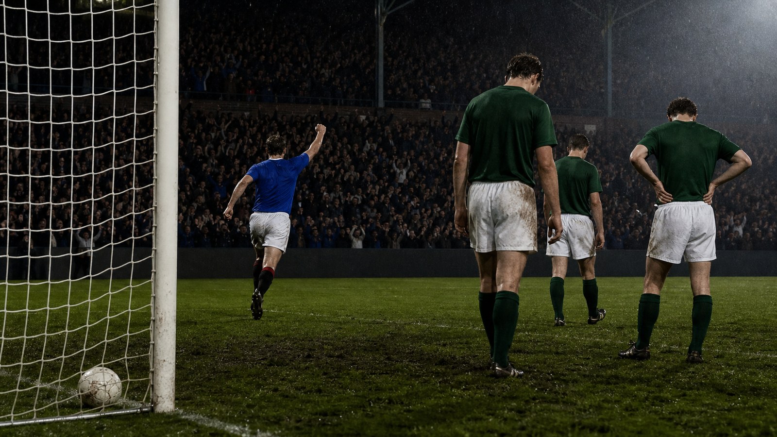 A generic blue-shirted striker scoring a late derby goal in a floodlit Glasgow stadium in November 1989