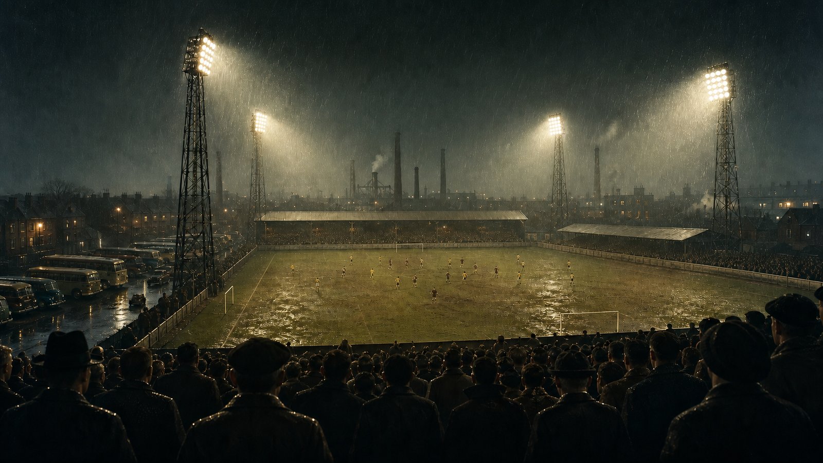 Wolves and Honvéd contesting a floodlit friendly at Molineux in December 1954