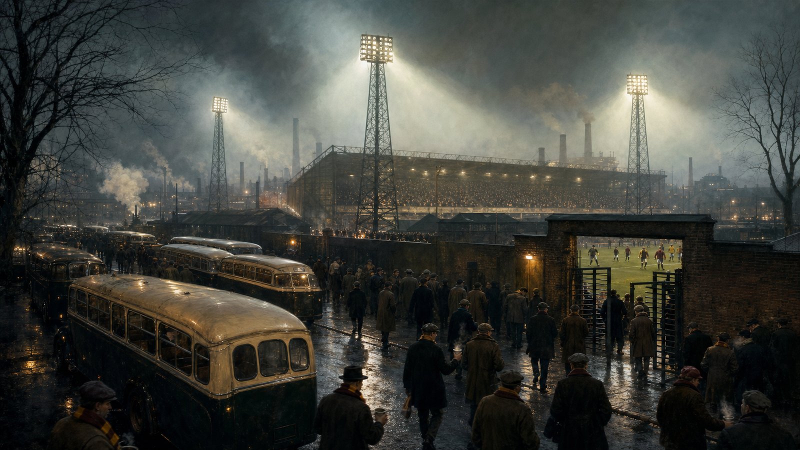 Gold-shirted Wolves and dark red Honvéd players entering floodlit Molineux in December 1954