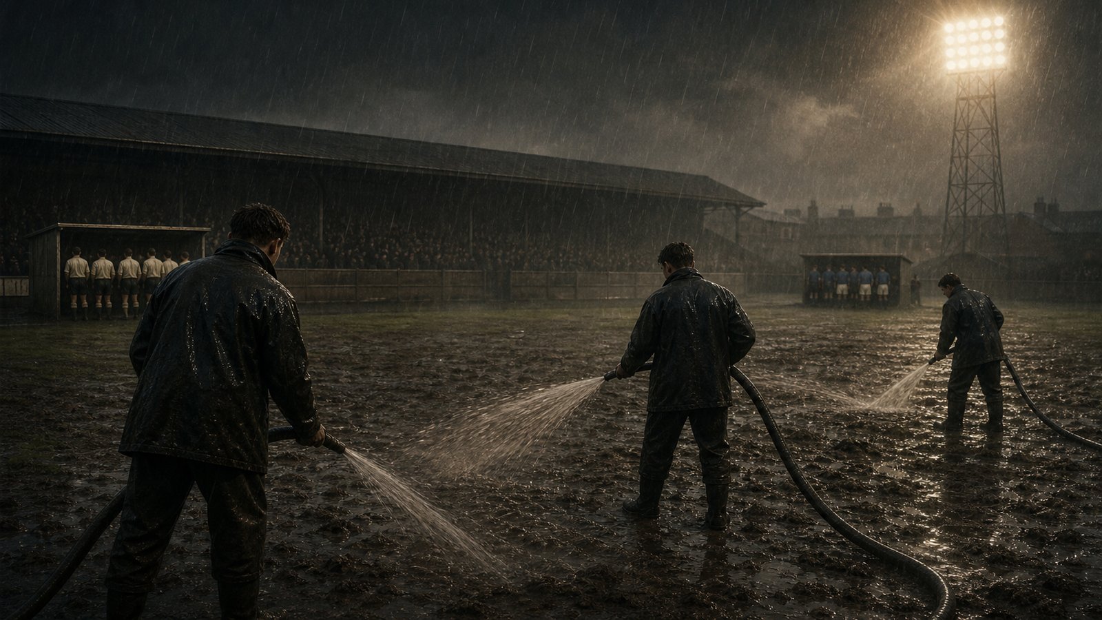 Ground staff watering an already rain-soaked Molineux pitch beneath floodlights at half-time