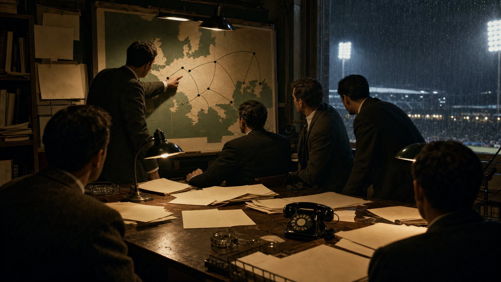 Football journalists debating the Wolves victory while a map of European away journeys lies on a desk