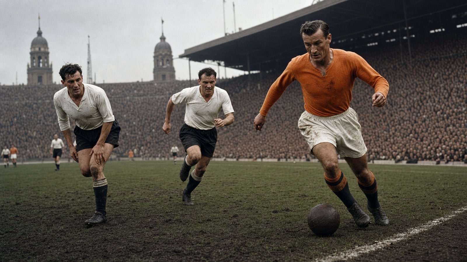 A 1953 Wembley cup final scene with a generic tangerine winger attacking a tired white-shirted defence on the right flank