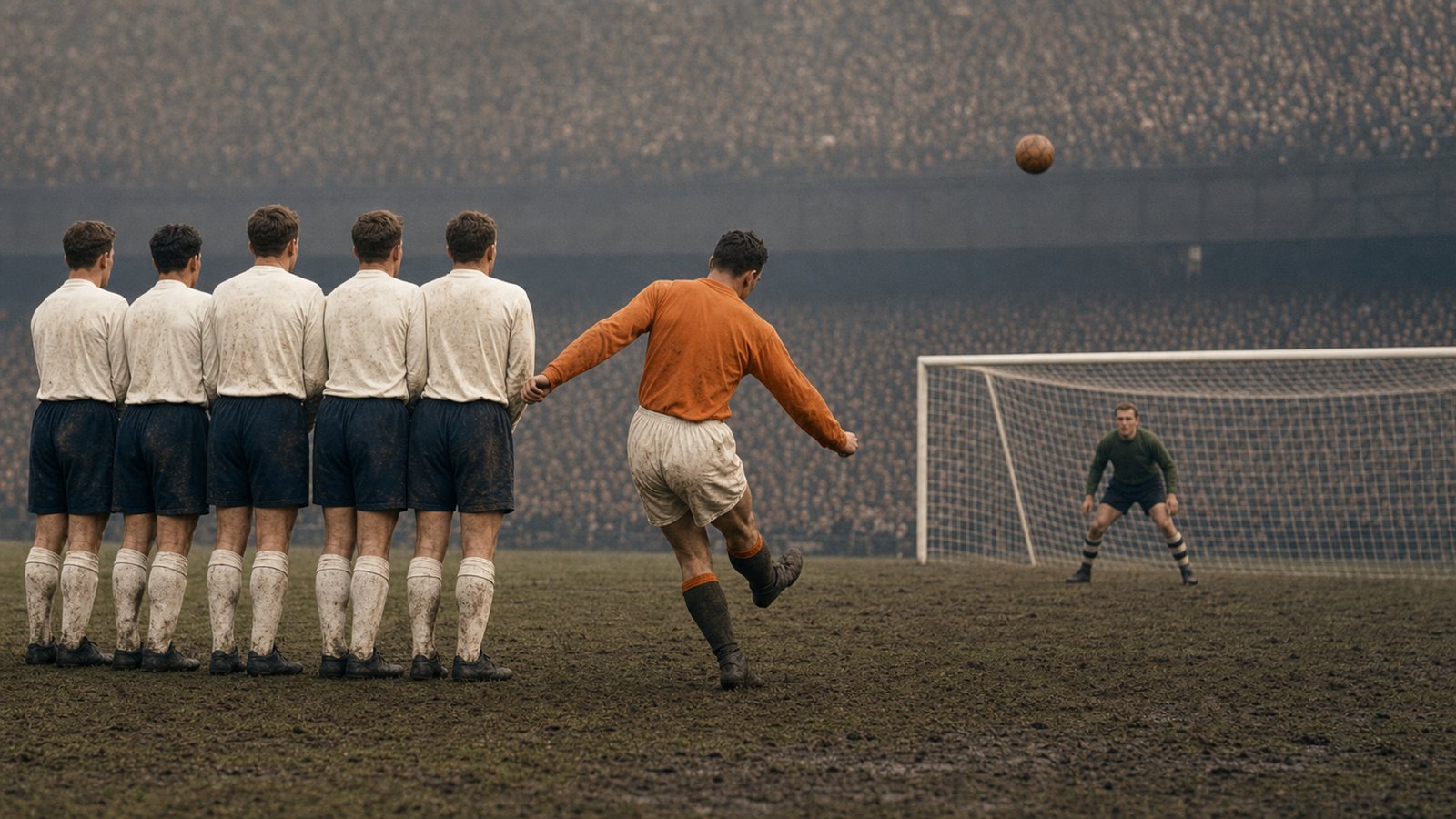 A generic Blackpool centre-forward strikes a late free kick toward the top corner at a packed 1953 Wembley