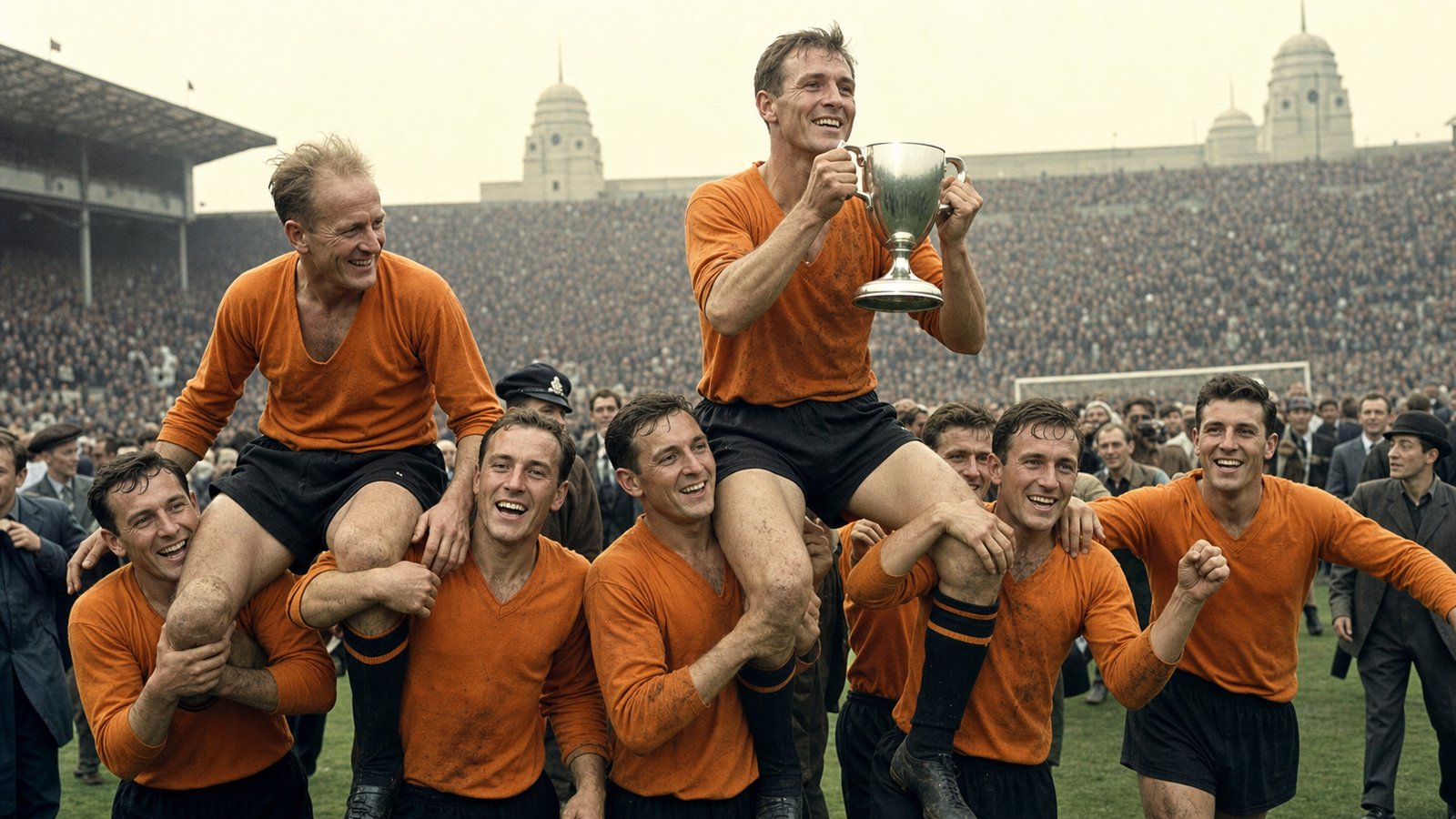 Generic Blackpool players carry an older right winger and their captain shoulder-high beneath Wembley’s twin towers after a cup final