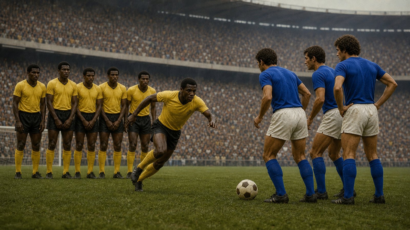 A 1974 free-kick wall as a yellow-shirted defender runs toward the stationary ball