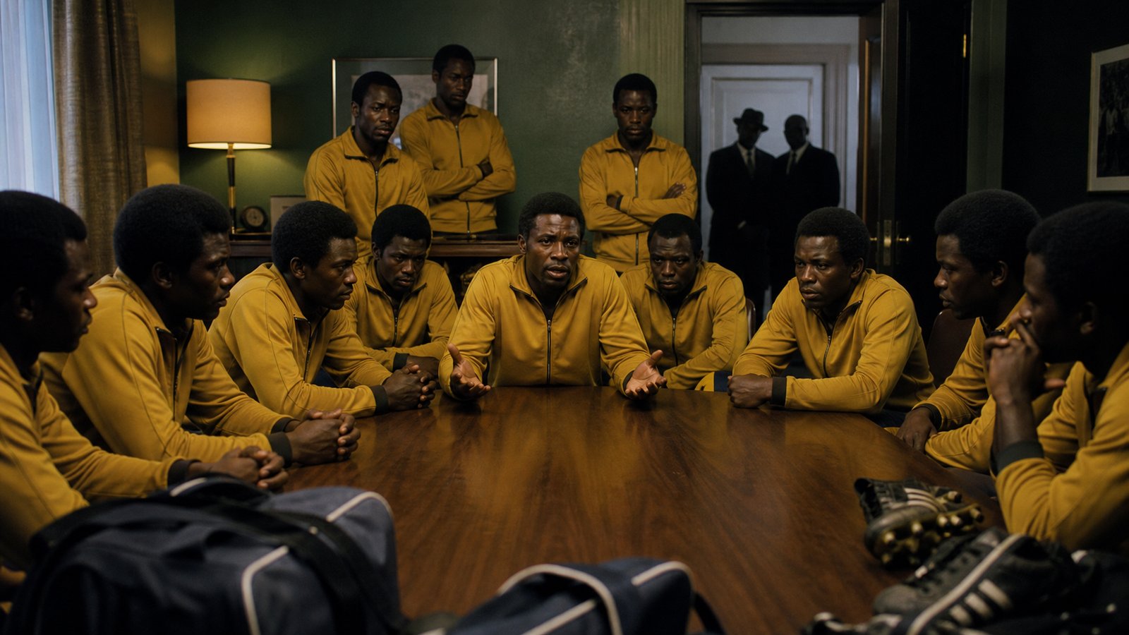 The 1974 Zaire squad in a tense hotel meeting before a World Cup match