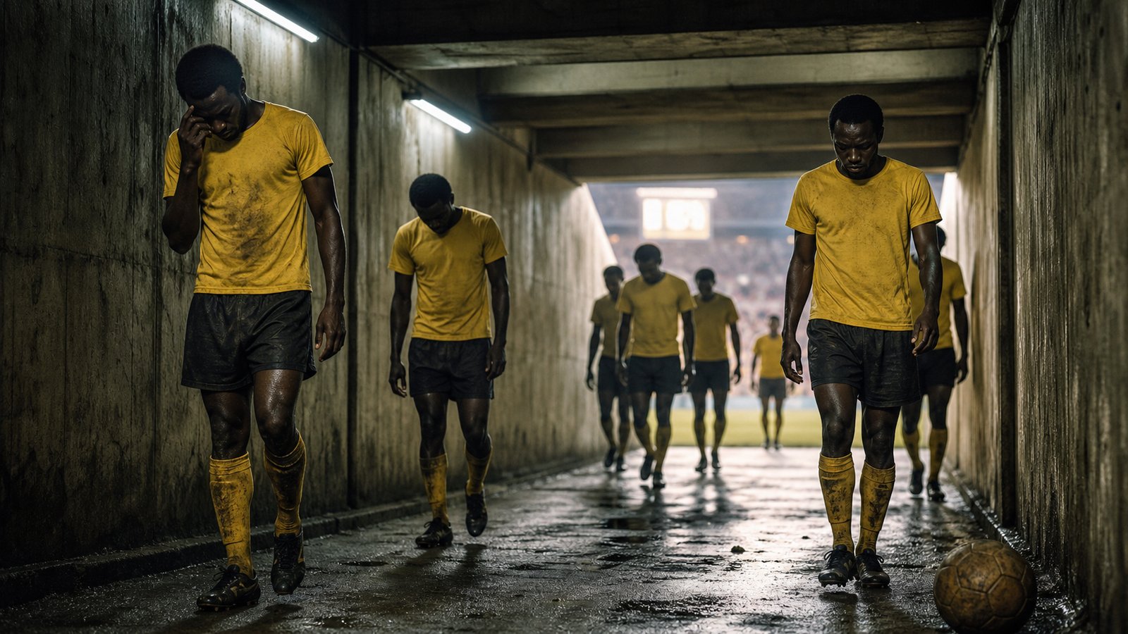 Zaire players walking through a stadium tunnel after the 9–0 defeat in 1974