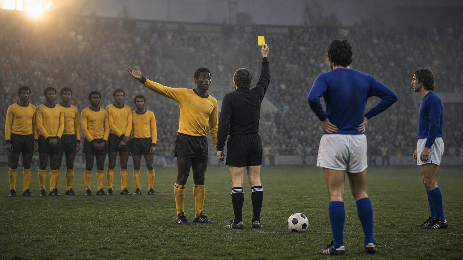 A referee shows yellow after a Zaire defender kicks away Brazil’s free kick in 1974