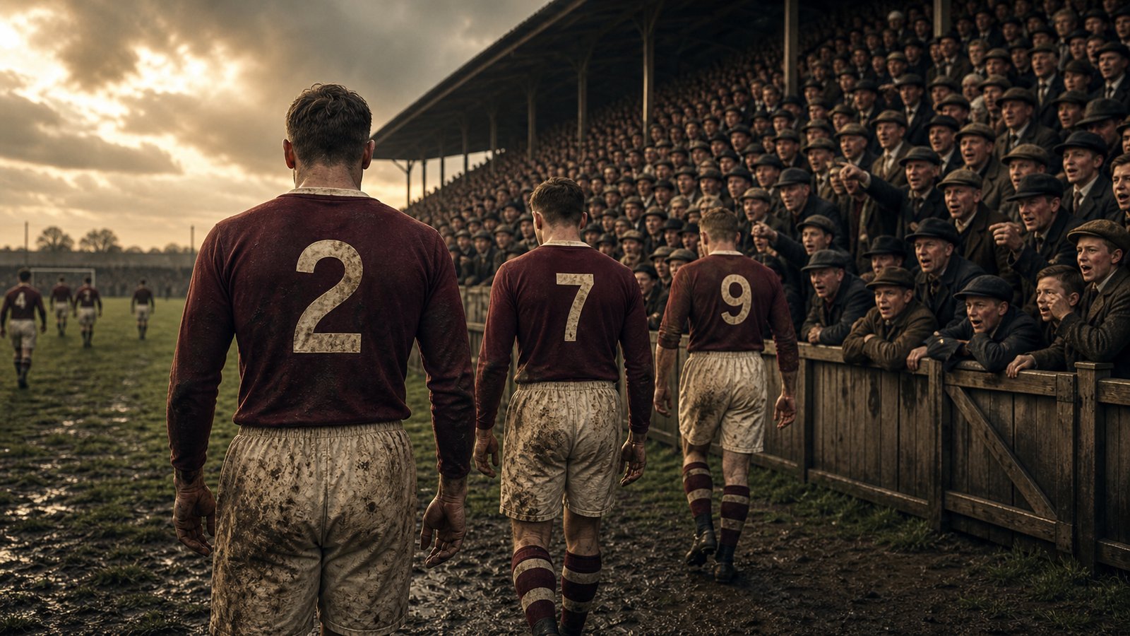 A packed 1928 English football ground with vintage players wearing clear back numbers