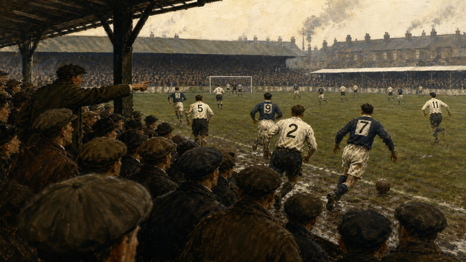 A 1928 English football match seen from a packed terrace with plain vintage shirts carrying large clear back numbers