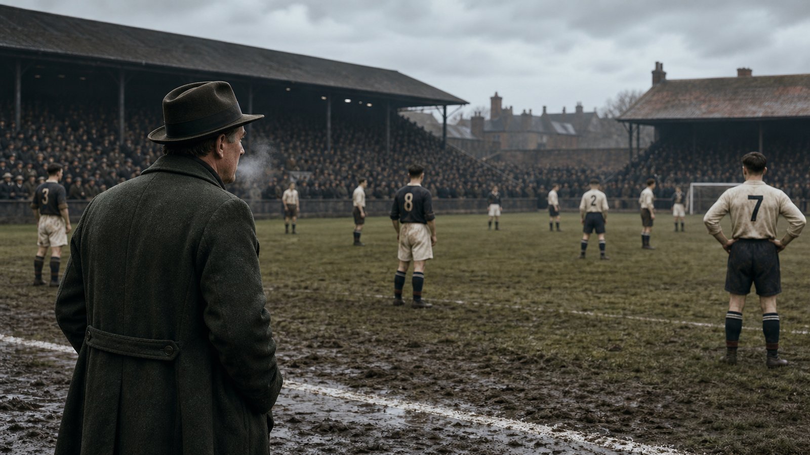 A 1930s football manager studying numbered players moving across a muddy English pitch