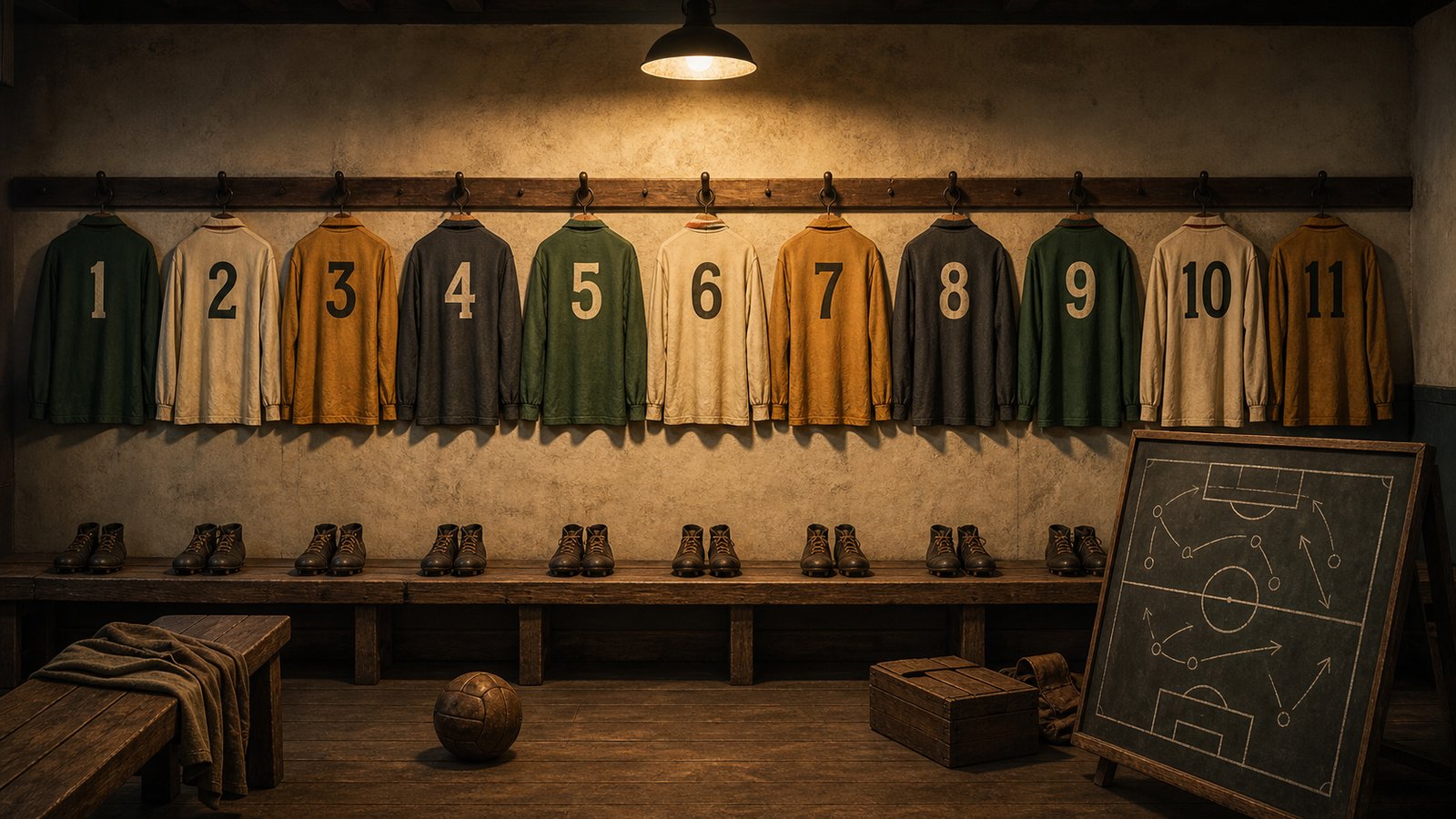 Eleven vintage football shirts arranged as a positional map from goalkeeper to forwards
