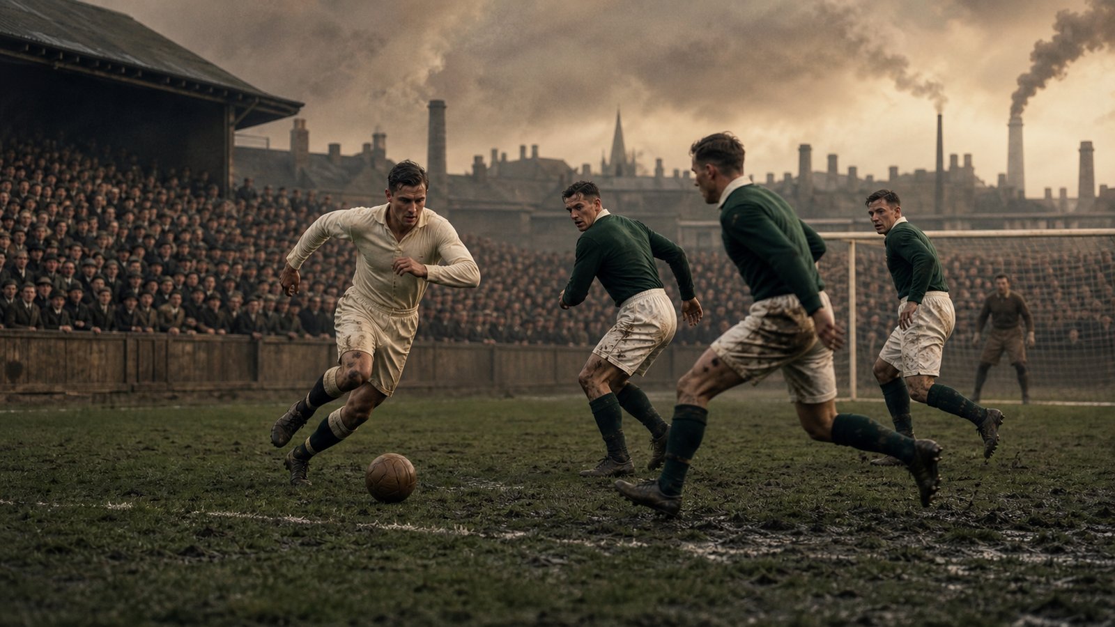 A generic 1925 forward breaks beyond a stepping defensive line in a packed English ground