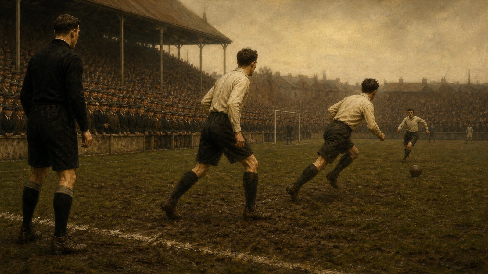 A 1920s referee and defenders study the changed offside line on a crowded football pitch