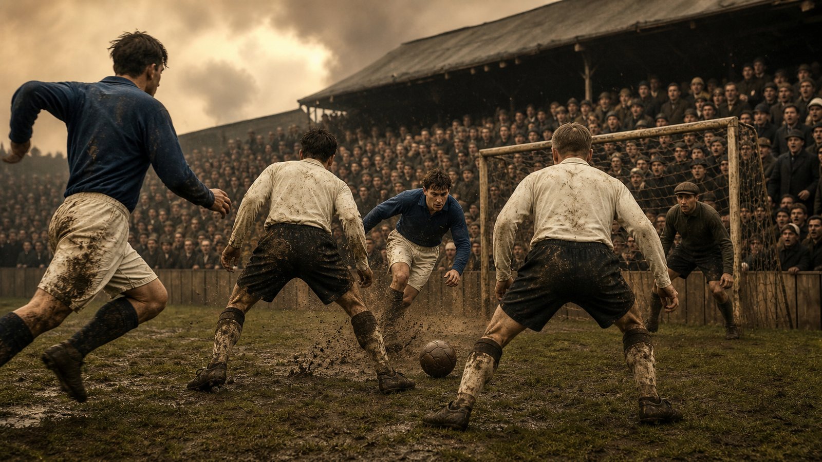 A 1920s English crowd reacts as a forward breaks beyond a reformed three-player defensive line
