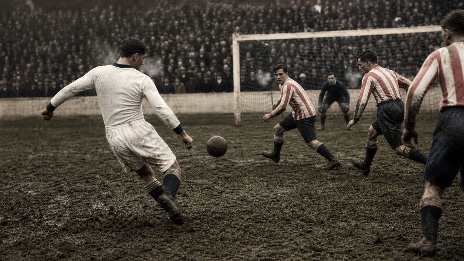 An anonymous United States forward striking a plain leather ball against Paraguay in Montevideo in 1930